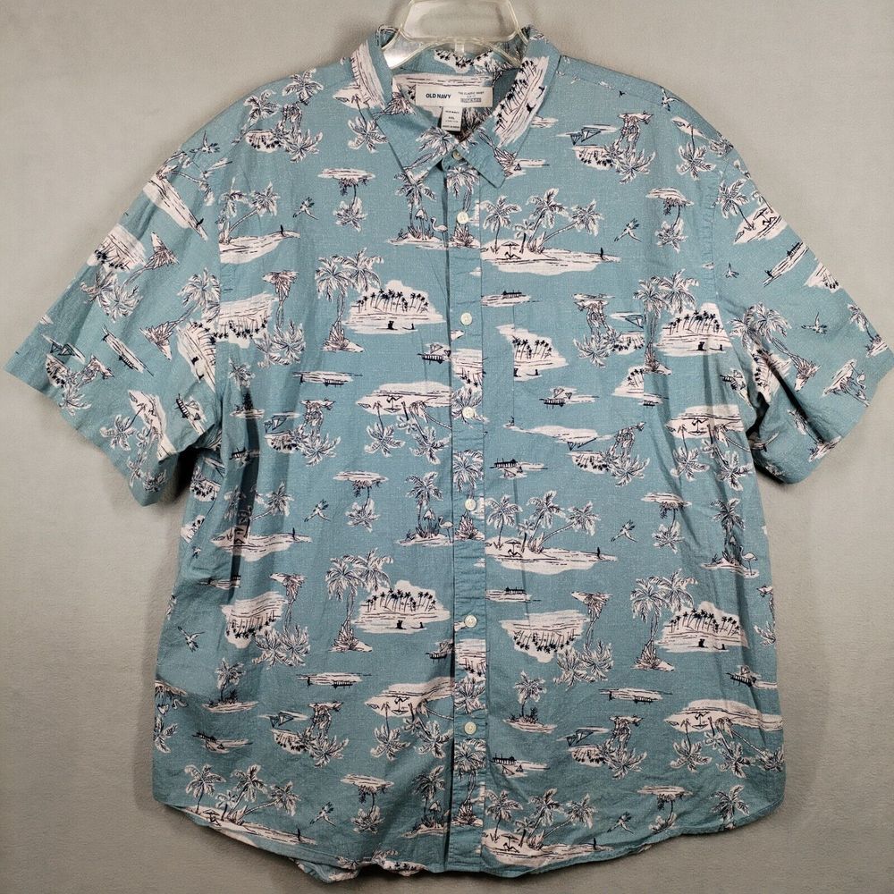 Old Navy Mens 2XL Shirt Hawaiian Tropical Floral Blue Palm Slim Fit Flex Stretch
